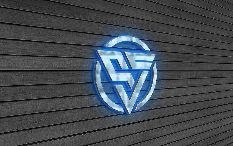 Mockup con logo in metallo 3d con luce al neon blu su parete grigia in legno