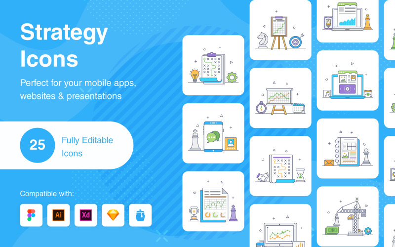 Pacchetto icone linea piatta strategia