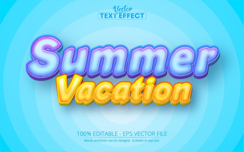 Férias de verão - efeito de texto editável, estilo de texto de desenho animado azul e laranja, ilustração gráfica
