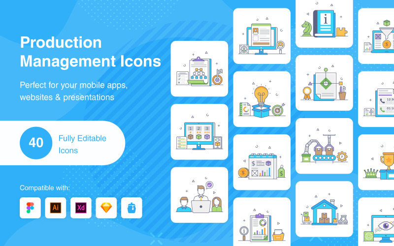 Iconos de contorno plano de gestión de producción