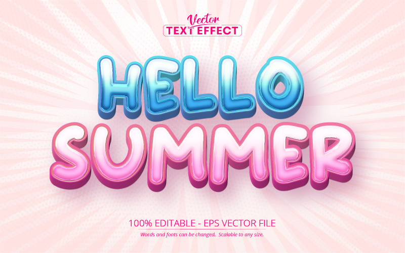 Olá verão - efeito de texto editável, estilo de texto de desenho animado azul e rosa, ilustração gráfica