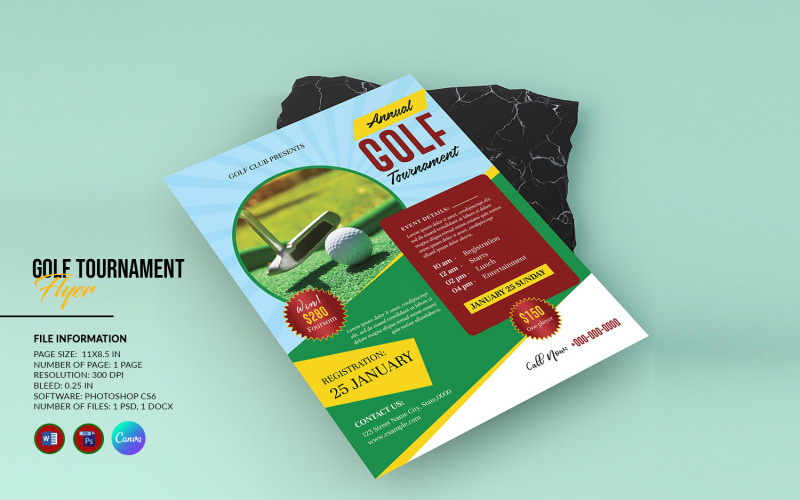 Šablona letáku k vytisknutí golfového turnaje. Photoshop, Word a Canva