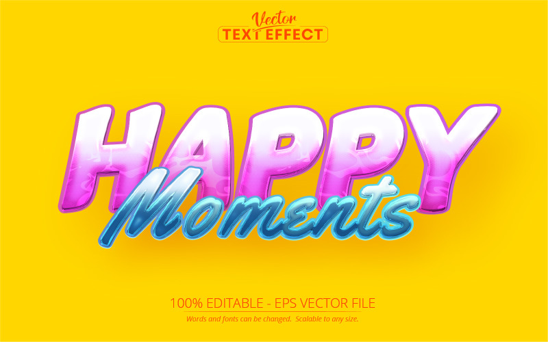 Happy Moments - редактируемый текстовый эффект, синий и розовый мультяшный стиль текста, графическая иллюстрация