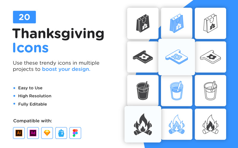 20 isometrische Thanksgiving-pictogrammen