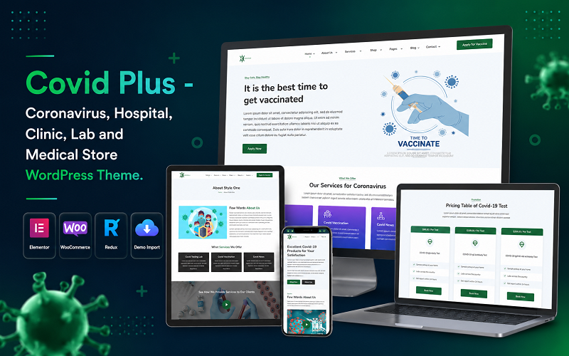 Covid Plus - WordPress šablona pro koronavirus, nemocnice, kliniky, laboratoře a obchody s léky