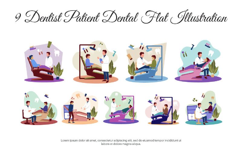 9 fogorvos beteg fogászati lapos illusztráció