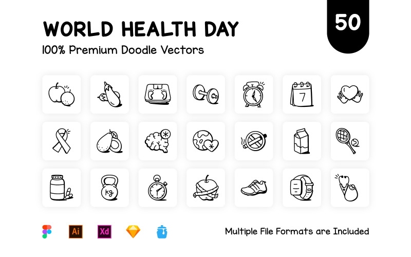 50 Doodle Всесвітній день здоров'я векторні іконки