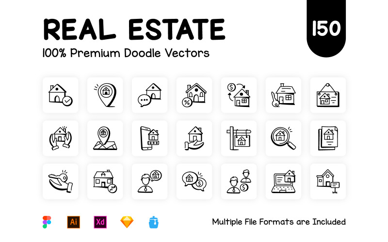 Packung mit 150 Doodle-Icons für Immobilien