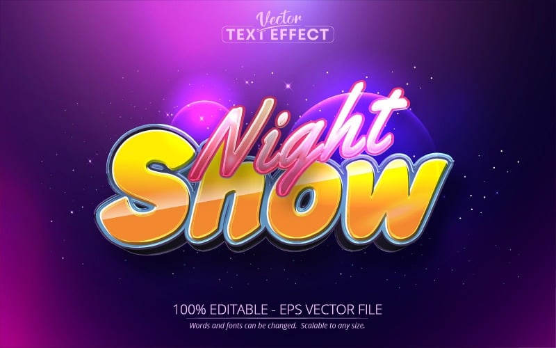 Night Show - Szerkeszthető szövegeffektus, lila és sárga rajzfilm szövegstílus, grafikus illusztráció
