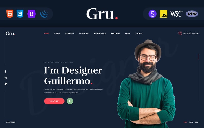 Gru – Személyes portfólió nyitóoldalsablonja