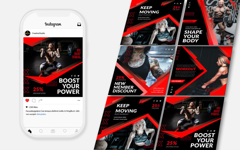 Тренажерный зал и фитнес Шаблон поста в Instagram