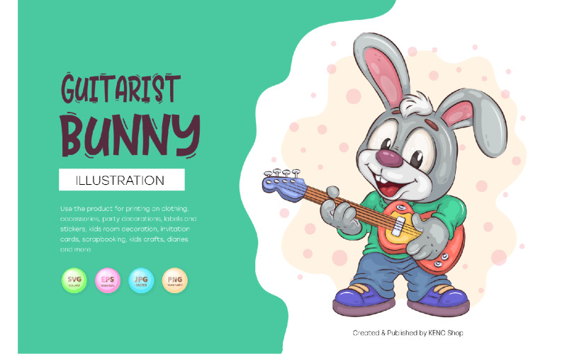 Cartoon Bunny Guitarist. T-Shirt, PNG, SVG.
