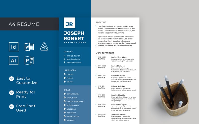 Professzionális önéletrajzi sablon InDesign, Word, Affinity Publisher