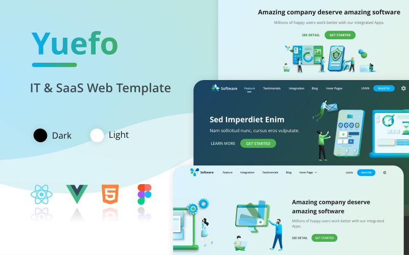 Yuefo – React Vue HTML Figma IT SaaS alkalmazás céloldalsablonja