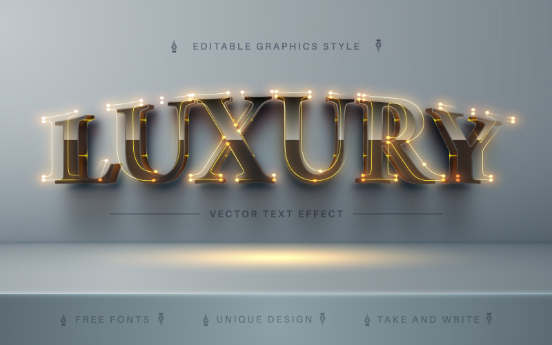 Luz de lujo: efecto de texto editable, estilo de fuente, ilustración gráfica