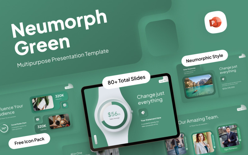 Neumorph Green Enkla Multipurpose PowerPoint-mallar