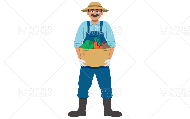 agriculteur, tenue, panier, vecteur, illustration