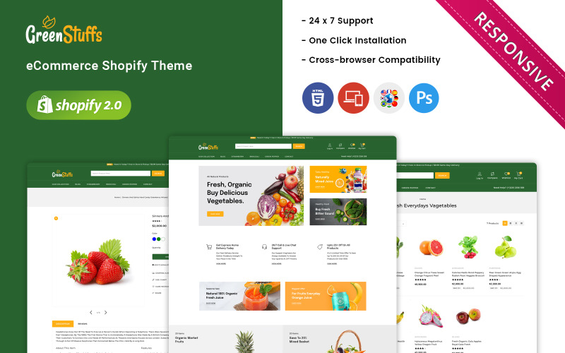 Greenstuffs – motiv Shopify reagující na supermarkety se zeleninou, bioprodukty a potravinami