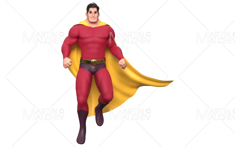 Super-herói voando e sorrindo em renderização 3D branca