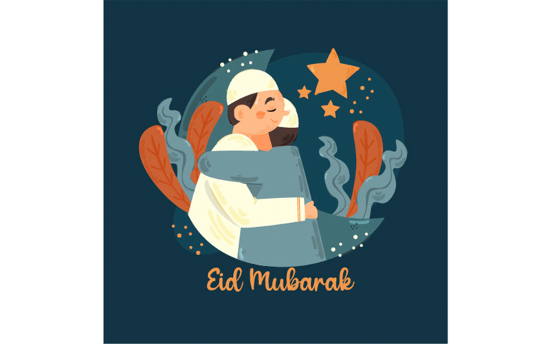 Eid Al-Fitr Mubarak com ilustração de dois homens abraçados