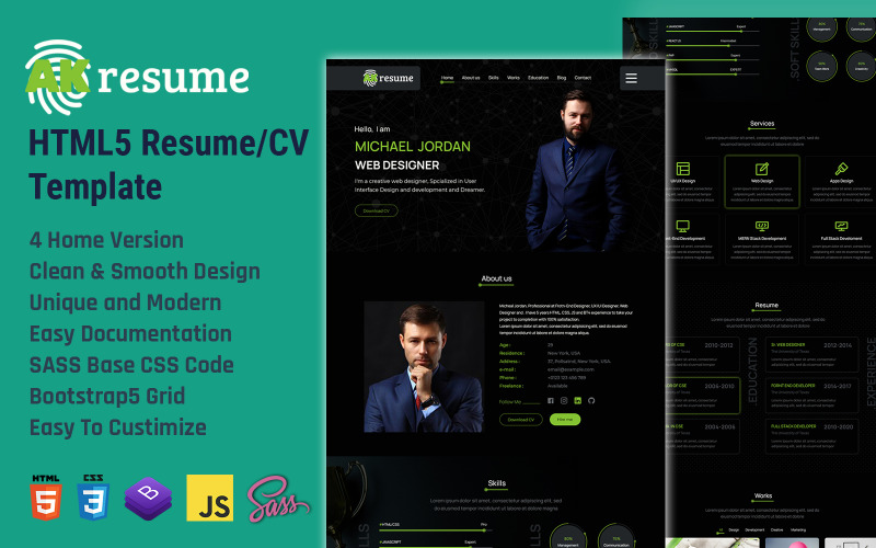 AKresume - Plantilla HTML5 Bootstrap 5 de CV personal/currículum vitae