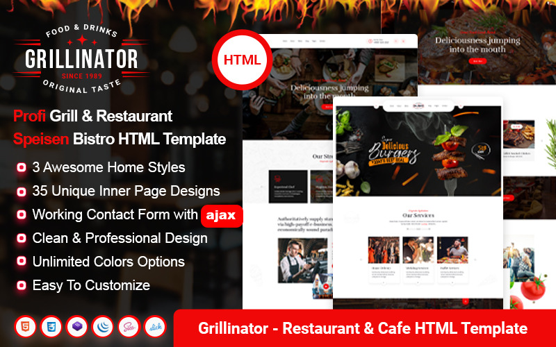 Grillinator - Restoran Yemekleri Barbekü Grill Bar Bistro HTML Şablonu
