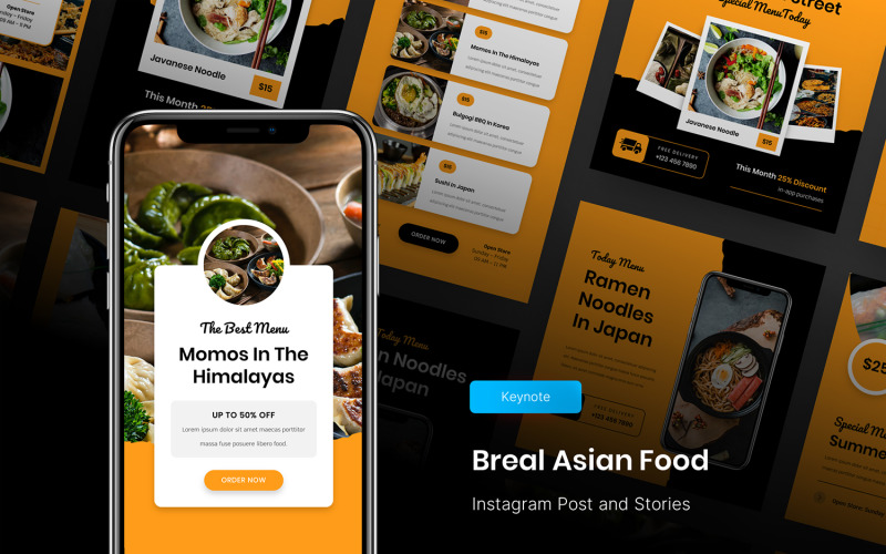 Breal – Ázsiai étel Instagram-bejegyzés és történetek kulcsszósablonja