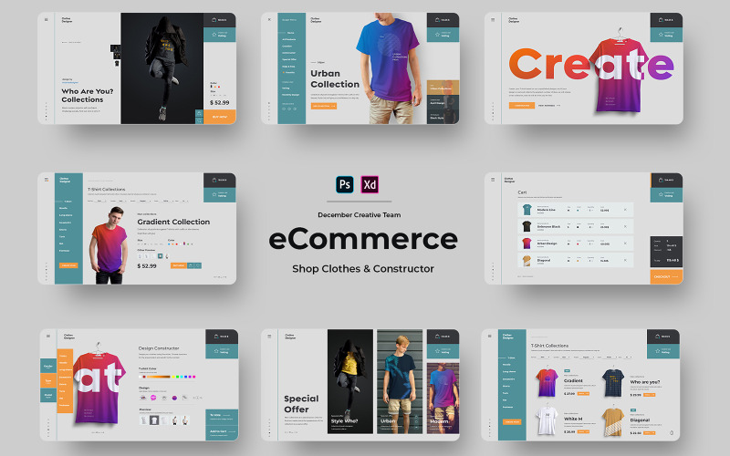 UI Kit Negozio di abbigliamento e-commerce con maglietta del costruttore (PSD+XD)
