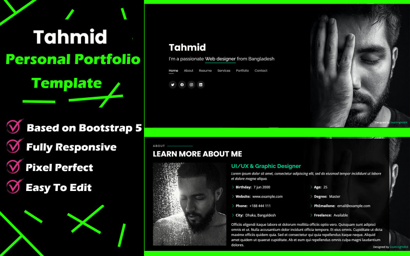 Tahmid – Személyes portfólió Egyszerű Modern Bootstrap HTML nyitóoldalsablon