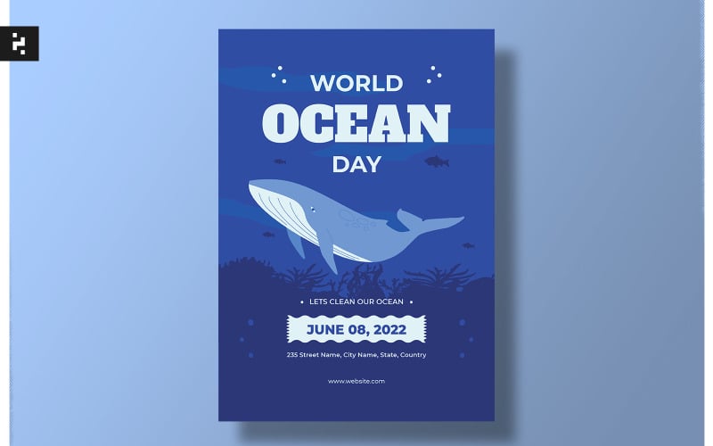 Blue Illustrated Ocean Day Flyer Template - TemplateMonster