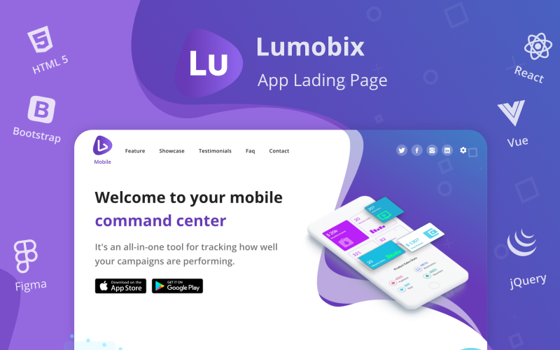 Lumobix - 带有 React Vue HTML 和 Figma 的移动应用程序展示的登陆页面模板
