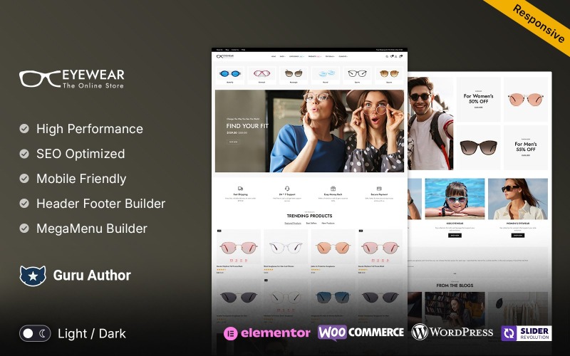眼镜 - 眼镜、护目镜和太阳镜多用途 WooCommerce Elementor 主题