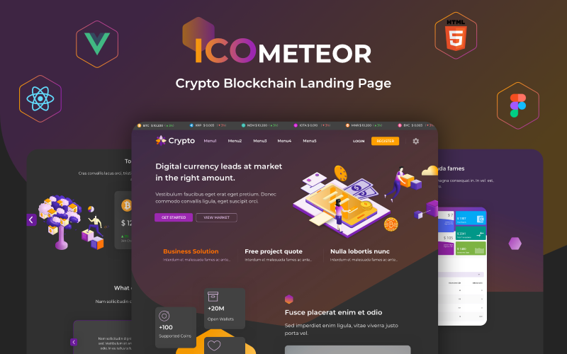 Icometeor - Crypto Blockchain React Vue HTML und Figma Landing Page Template