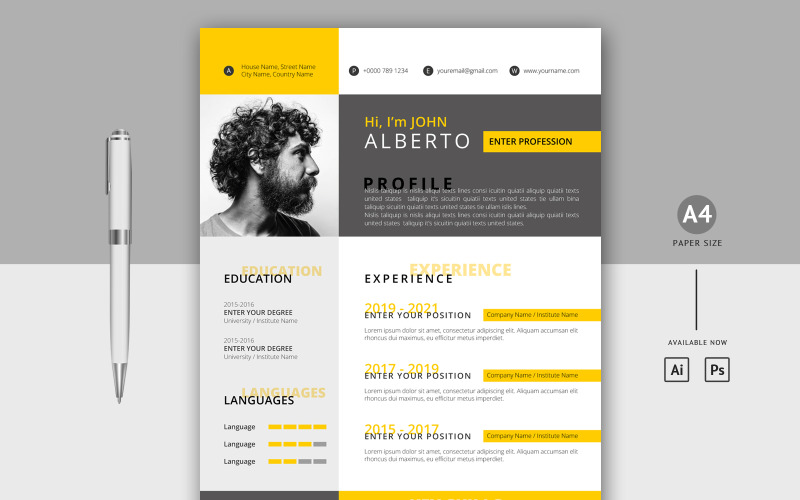 John Alberto - Modelo de Currículo para Impressão Tipografia Preto e Amarelo