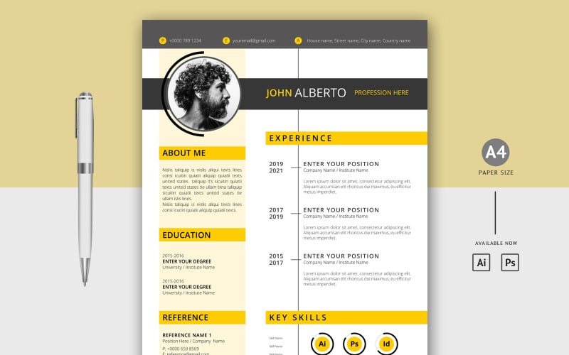 John Alberto - Plantilla de currículum imprimible en formato de CV creativo de color negro y amarillo