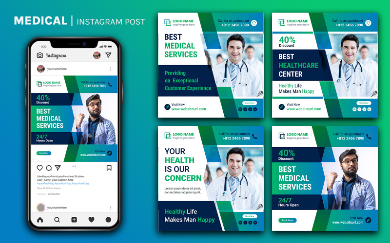 Médico | Médico Social Media Post Design Template | Pacote de design de postagem do Instagram