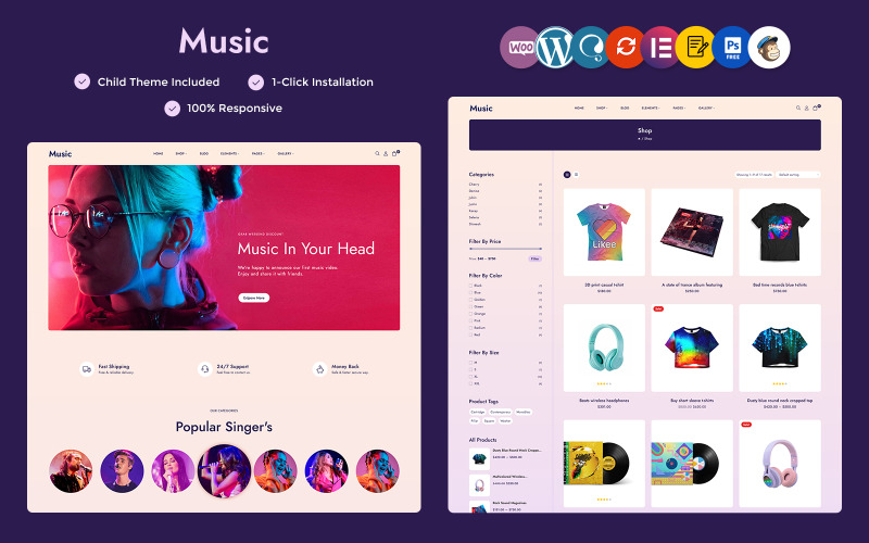 Muziek - Muziekwinkel, muziekinstrumenten en accessoires Multifunctioneel WooCommerce Elementor-thema