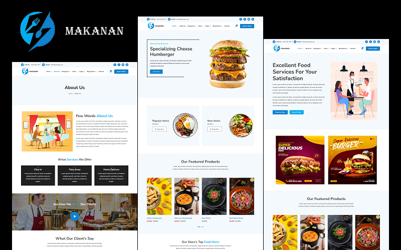 Makanan – restaurace, internetový obchod s potravinami, elektronický obchod s rezervacemi stolů, WooCommerce, téma WordPress