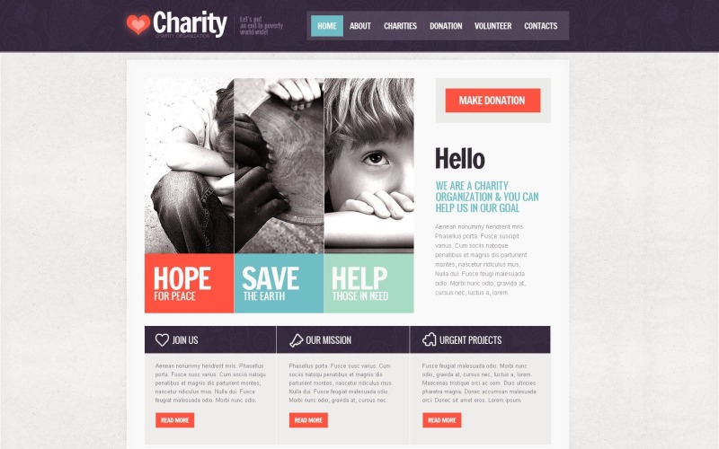Kostenlose Designvorlage für Wohltätigkeitswebsites