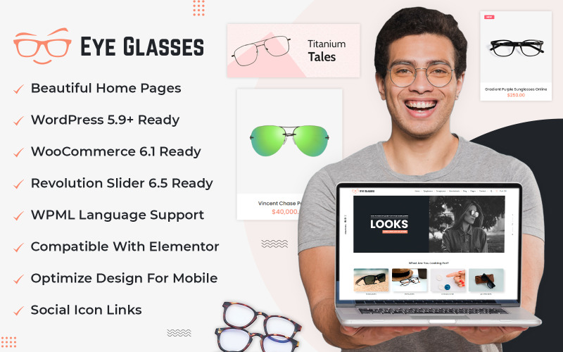 Vision - Boutique de lunettes, lunettes de protection et accessoires de lunettes Thème WooCommerce Elementor