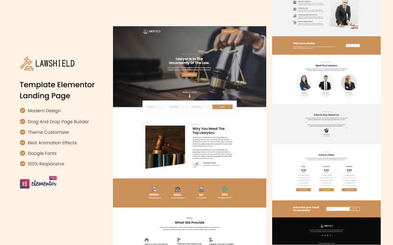 Law shield - Elementor Landing Page Template voor advocatendiensten