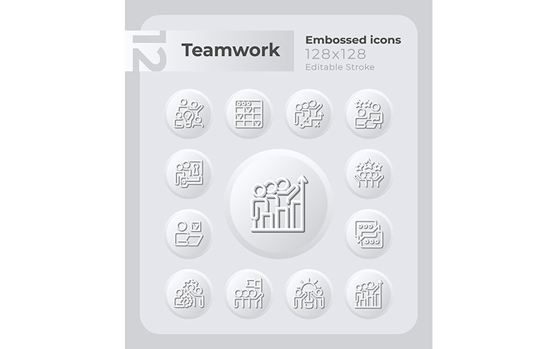 Praca zespołowa w zestawie wytłoczonych ikon w miejscu pracy