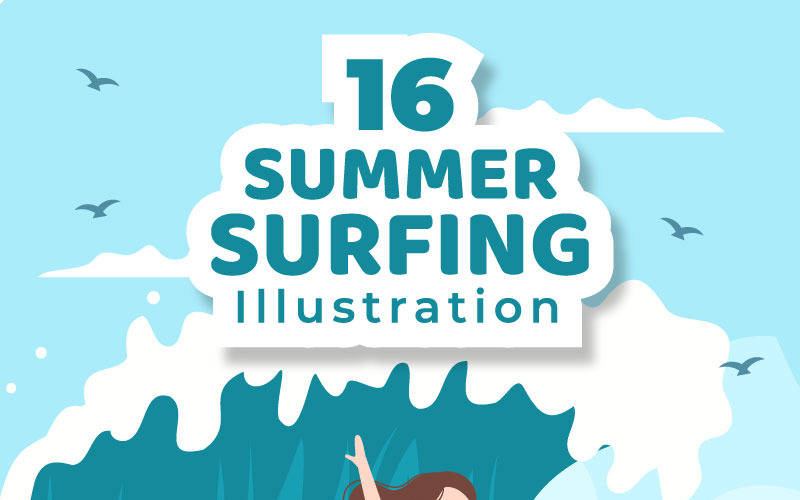 16 Sommar Surfing Sport Tecknad Illustration