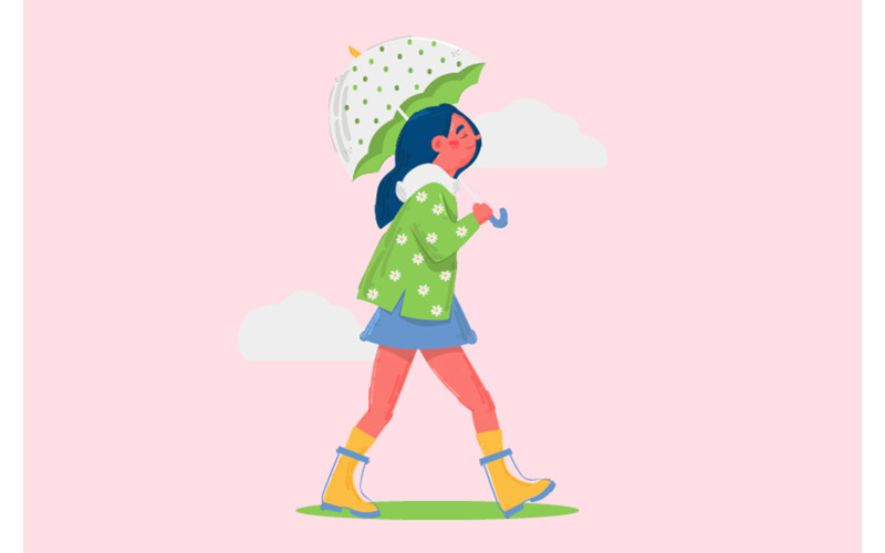 Garota livre andando com ilustração de fundo de guarda-chuva