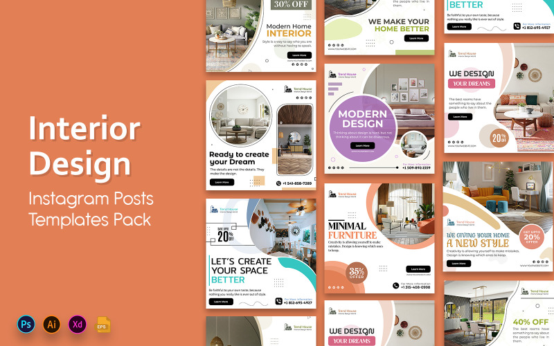 Interior Design Social Media Post Templates - TemplateMonster