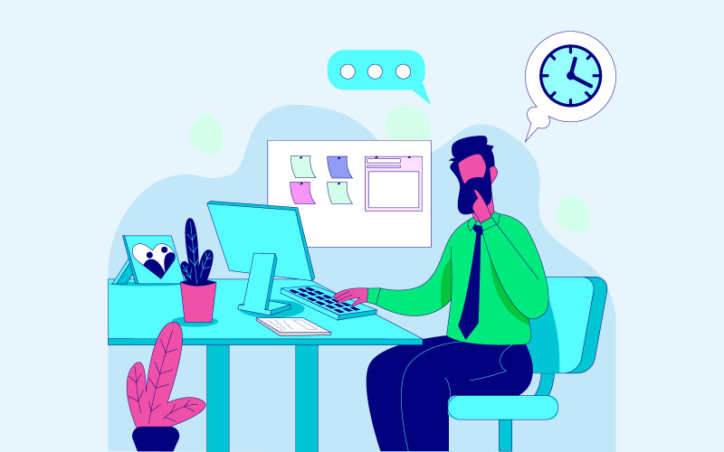Arbeit zu Hause, Concept,, Mann, Arbeiten, Computer, Frei, Abbildung, Vector