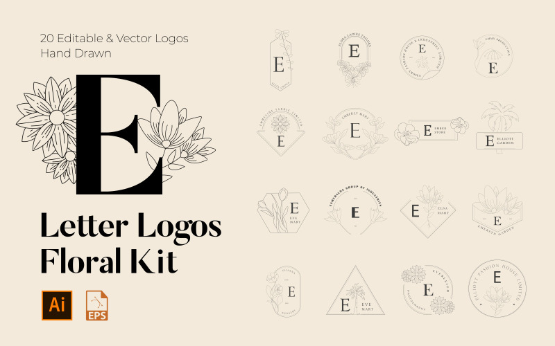 E Letter Floral handgemaakte logo's kit