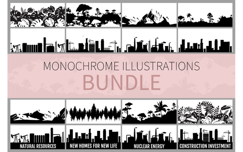 Zestaw ilustracji monochromatycznych