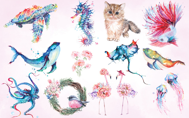 Akvarell Állatok Virágos Clipart Illusztráció, Akvarell Állatok Virágos Clipart