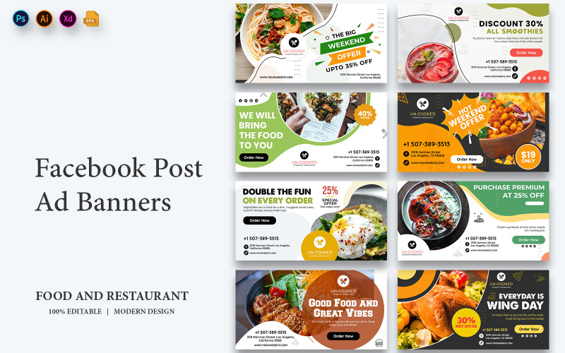 Banners publicitarios de Facebook de ofertas de restaurantes y alimentos